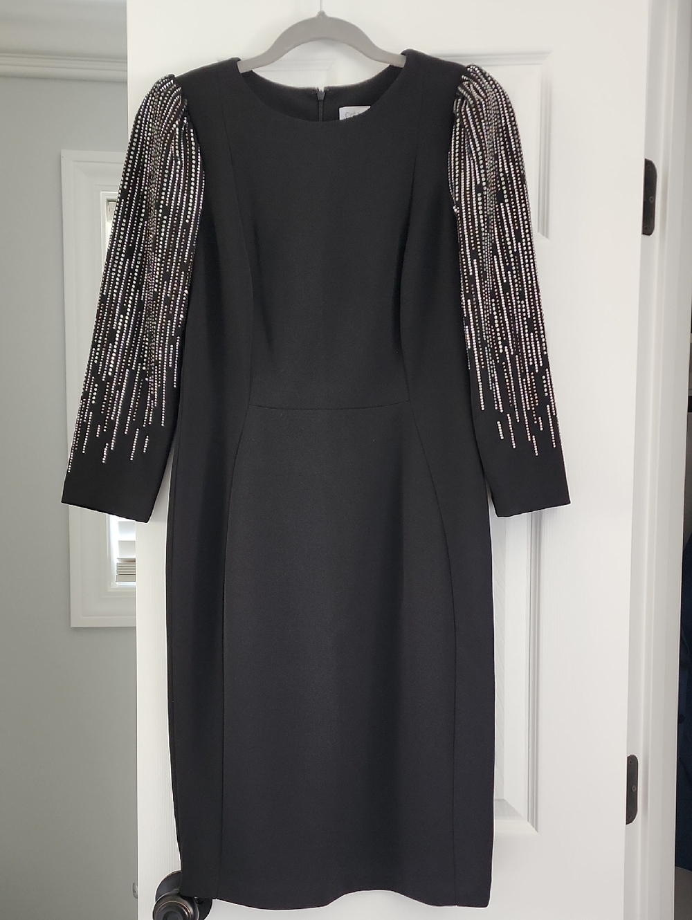 Calvin Klein Black Sheath Dress with Silver Beaded Sleeves